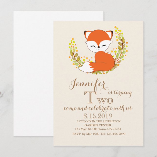 Invitación Cute Kawaii Fox Woodland Theme Card (Anverso / Reverso)