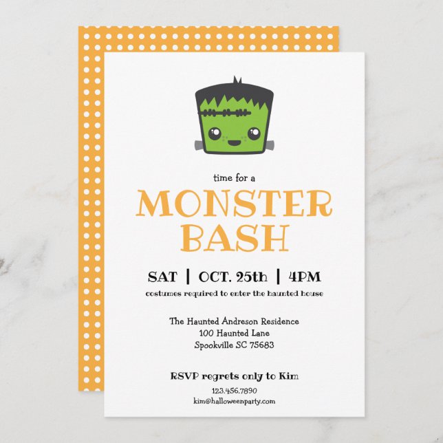 Invitación Cute Kawaii Frankenstein Monster Halloween (Anverso / Reverso)
