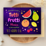 Invitación Cute Kawaii Fruits Tutti Frutti Birthday Party<br><div class="desc">Sorprenda a sus huéspedes con esta colorida invitación para la fiesta de cumpleaños de los niños, que incluye frutas preciosas y una tipografía vibrante con un fondo morado. Simplemente agregue los detalles de su evento en esta plantilla fácil de usar para convertirla en una invitación única. Voltea la carta para...</div>