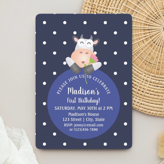 Invitación Cute Kawaii Funny Personalizado Cow Baby Primer Cu (Subido por el creador)
