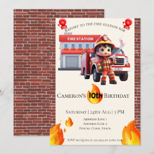 Invitación Cute Kawaii, niño que lucha contra incendios, cump