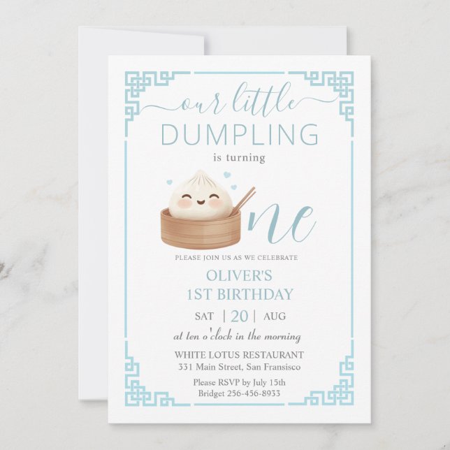 Invitación Cute Kawaii Pequeño Dumpling Bun Blue Primer cumpl (Anverso)