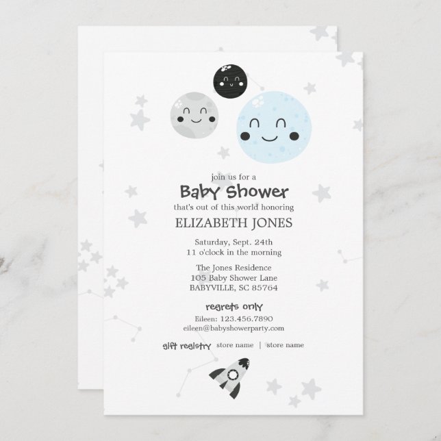 Invitación Cute Kawaii Planet and Moons Baby Shower (Anverso / Reverso)