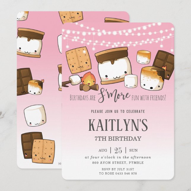 Invitación Cute Kawaii S. Mores Camping Fiesta de Cumpleaños (Anverso / Reverso)
