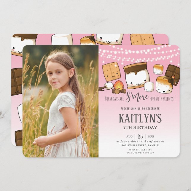 Invitación Cute Kawaii S.mores Camping Fogata Fotos de cumple (Anverso / Reverso)