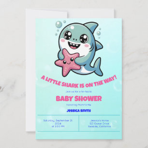 Invitación Cute Kawaii Shark y Starfish Baby Shower