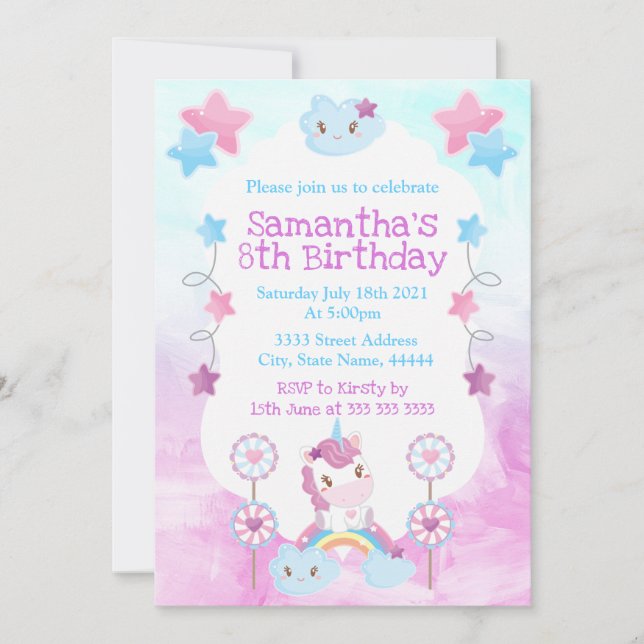 Invitación Cute Kawaii Soñador Unicornio Arcoíris Nube (Anverso)