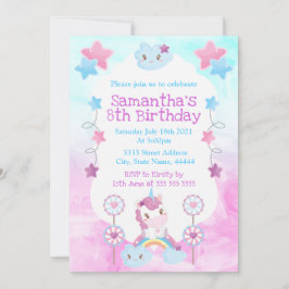 Invitación Cute Kawaii Soñador Unicornio Arcoíris Nube