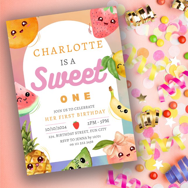 Invitación Cute Kawaii Summer Fruit Primer Chica de cumpleaño (Cute Kawaii Summer Fruit 1st First Birthday Girl Invitation)