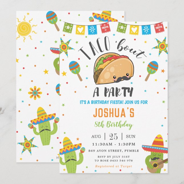 Invitación Cute Kawaii Taco 'Bout a Fiesta Fiesta Cumpleaños (Anverso / Reverso)
