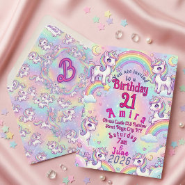 Invitación Cute Kawaii Unicornio Arcoíris Pastel Mágico