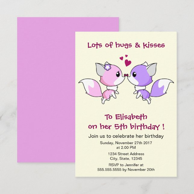 Invitación Cute kawaii zorros personalizado fiesta de cumplea (Anverso / Reverso)