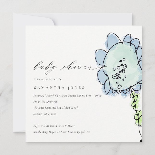 Invitación Cute Kid Drawn Blue Flower Botanical Baby Shower (Anverso)