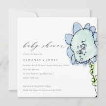 Cute Kid Drawn Blue Flower Botanical Baby Shower