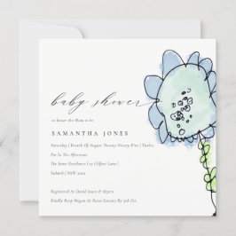 Invitación Cute Kid Drawn Blue Flower Botanical Baby Shower