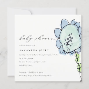 Invitación Cute Kid Drawn Blue Flower Botanical Baby Shower