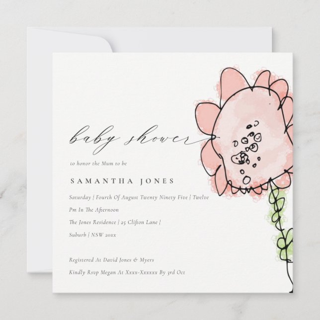 Invitación Cute Kid Drawn Peach Flower Botanical Baby Shower (Anverso)
