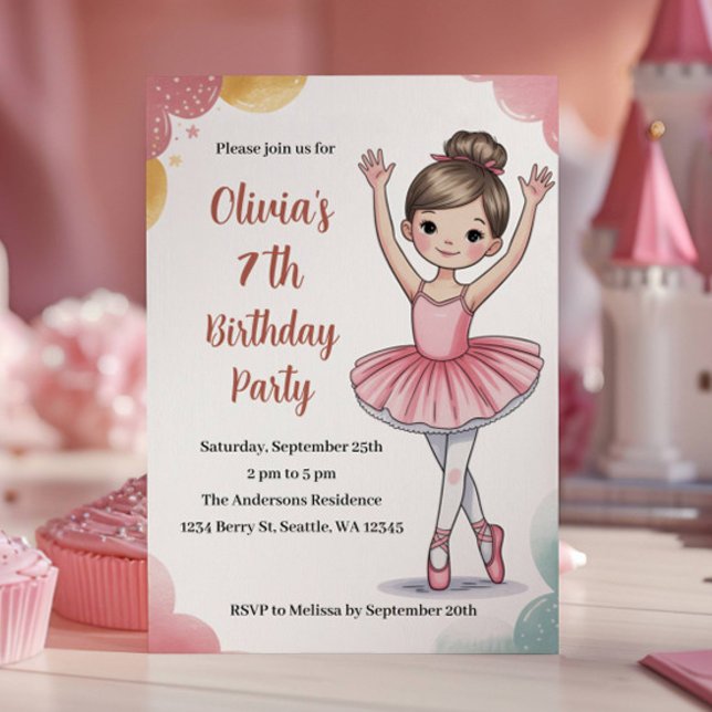 Invitación Cute Kids Ballerina Séptima Fiesta de Cumpleaños (Subido por el creador)