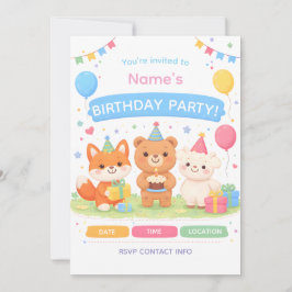 Invitación Cute Kids Birthday Invitation | Pastel Animal Birt