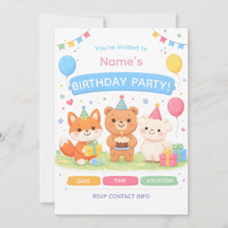 Invitación Cute Kids Birthday Invitation | Pastel Animal Birt