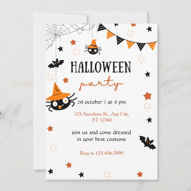 Invitación Cute Kids Halloween Party Black Naranja (Anverso)
