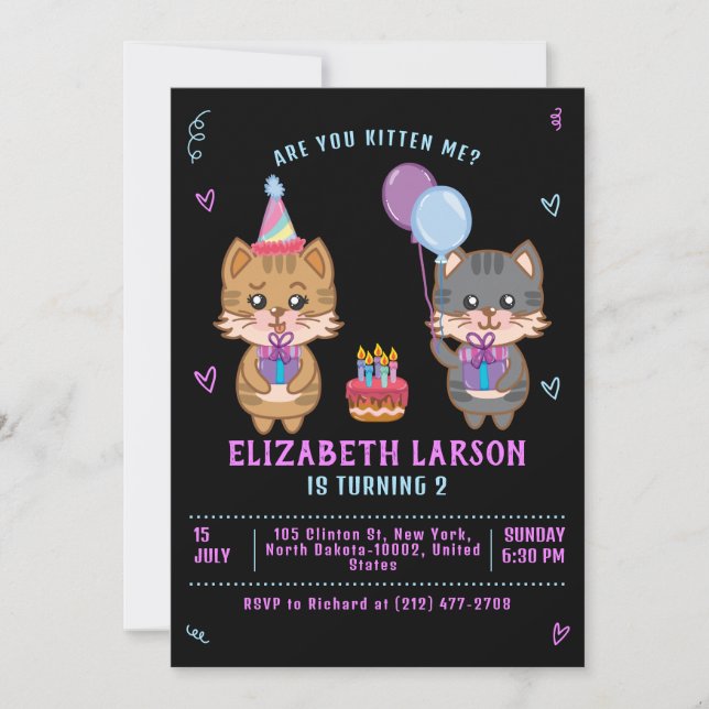 Invitación Cute Kids Kitty Chica Funny Cat Kitten Cumpleaños (Anverso)
