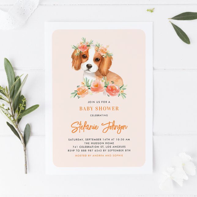 Invitación Cute King Charles Spaniel Peach Floral Baby Shower (Subido por el creador)