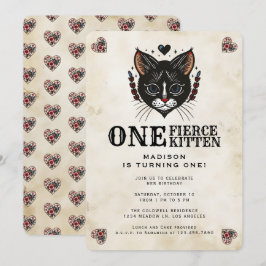 Invitación Cute Kitten Cat Rockabilly Tattoo Primer cumpleaño
