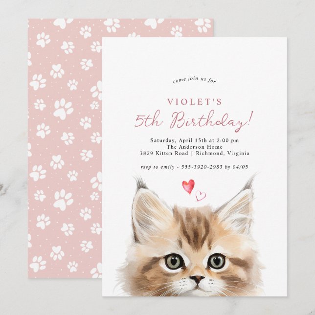 Invitación Cute Kitten | Chica Pink Kitty Cat Birday Party (Anverso / Reverso)