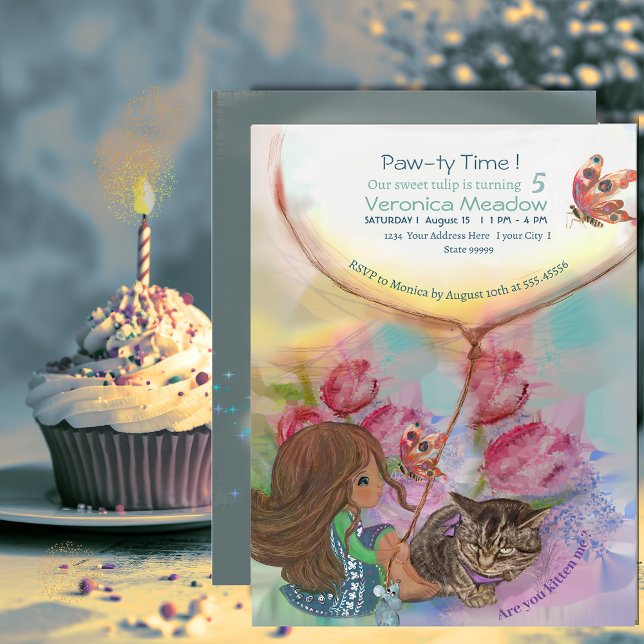 Invitación Cute Kitten Chica tulips Cumpleaños (Cute Kitten Girl tulips Birthday Invitation)