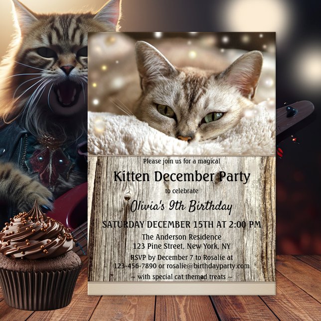 Invitación Cute Kitten Diciembre Niños Fiesta de Cumpleaños (Festive December cat themed child birthday invite with a cute kitten and magical sparkling lights)