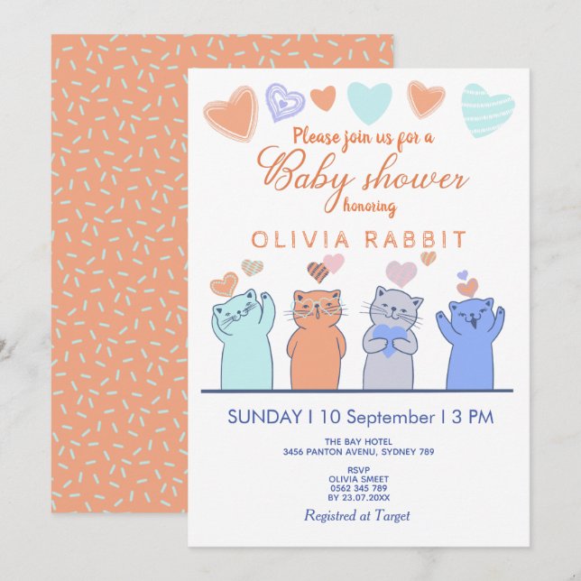 Invitación Cute Kittens Hearts Pink Blue Baby Shower (Anverso / Reverso)