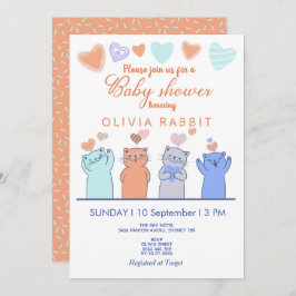 Invitación Cute Kittens Hearts Pink Blue Baby Shower