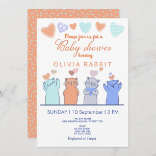 Invitación Cute Kittens Hearts Pink Blue Baby Shower