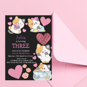 Invitación Cute kitty baby girl negro 3º cumpleaños
