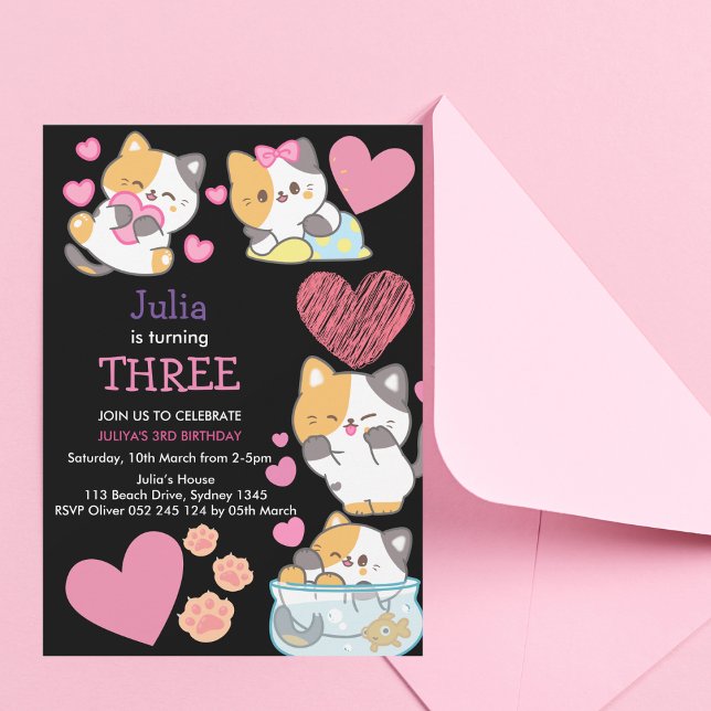 Invitación Cute kitty baby girl negro 3º cumpleaños (Subido por el creador)