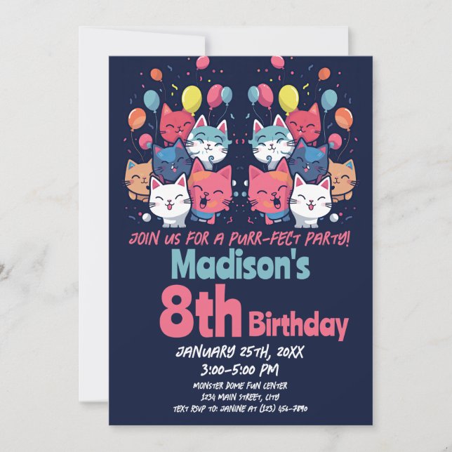Invitación Cute Kitty Cat Purr-Fect Fiestas Gatos Cumpleaños (Anverso)