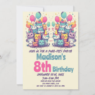 Invitación Cute Kitty Cat Purr-Fect Fiestas Gatos Cumpleaños