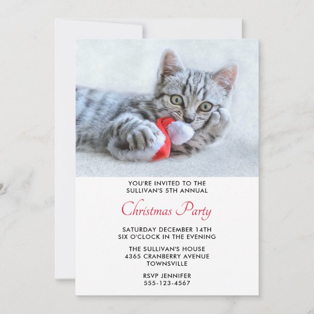 Invitación Cute Kitty mordiendo a un Fiesta de Navidades de S (Anverso)