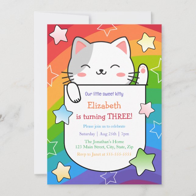 Invitación Cute Kitty Stars Colorful Wavy Stripes Birthday (Anverso)
