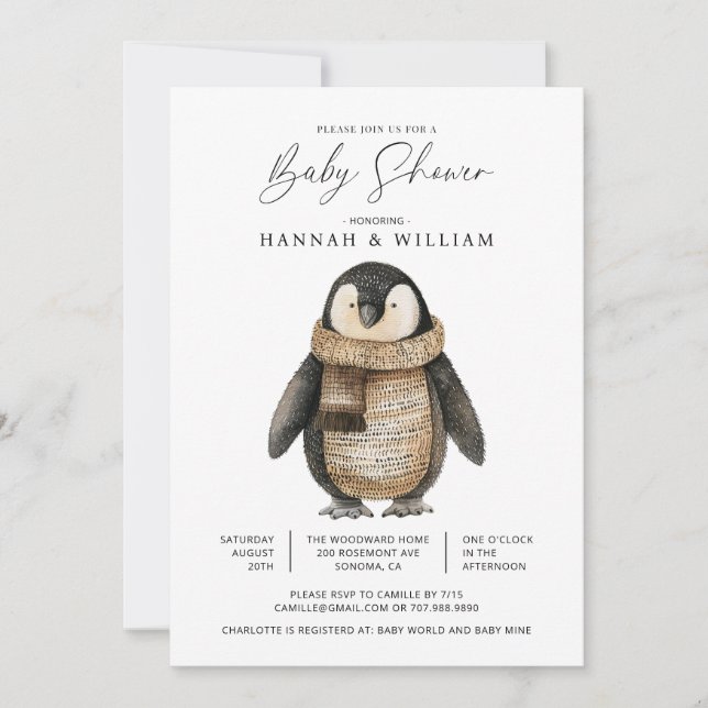 Invitación Cute Knitus Penguin Baby Shower (Anverso)