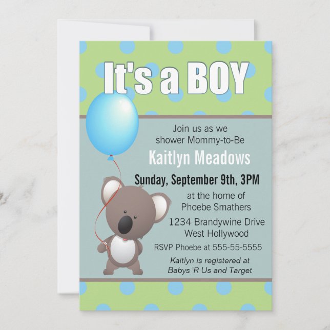 Invitación Cute Koala Bear Baby Boy Shower (Anverso)