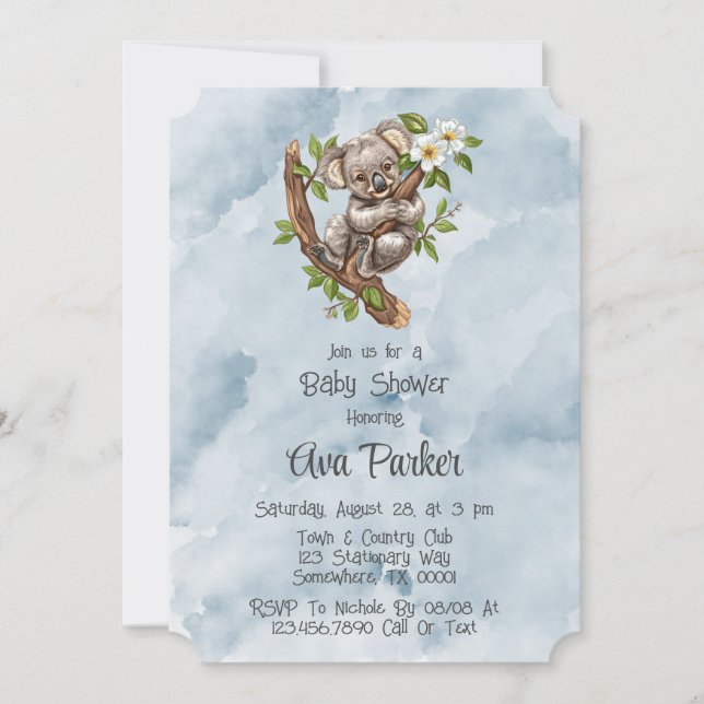 Invitación Cute Koala Bear Blue Pintado Baby Shower (Anverso)