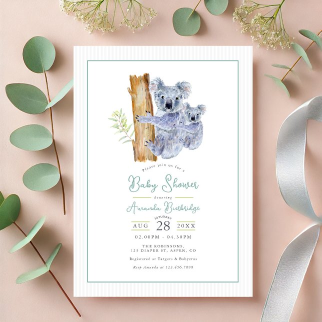 Invitación Cute Koala Bear Eucalyptus deja Baby Shower (Cute Koala Bear Eucalyptus Leaves Baby Shower Invitation)