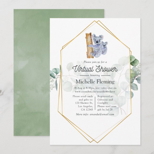 Invitación Cute Koala Bear Eucalyptus Virtual Baby Shower (Anverso / Reverso)