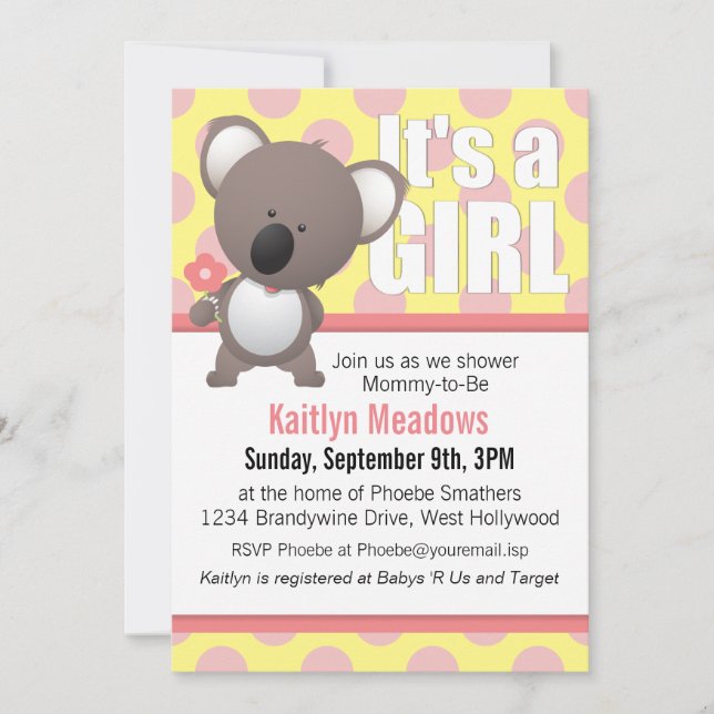 Invitación Cute Koala Bear Polka Dots Baby Shower (Anverso)
