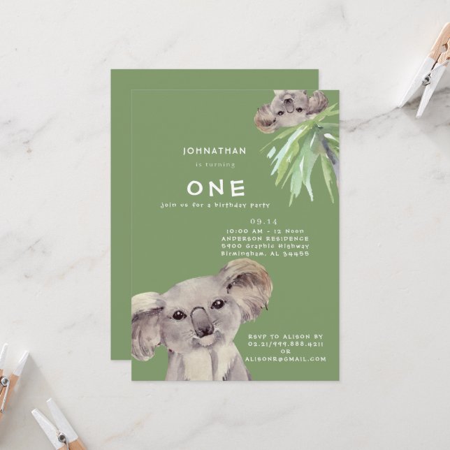 Invitación Cute Koala Bear se queda conmigo cumpleaños (Anverso/Reverso In Situ)