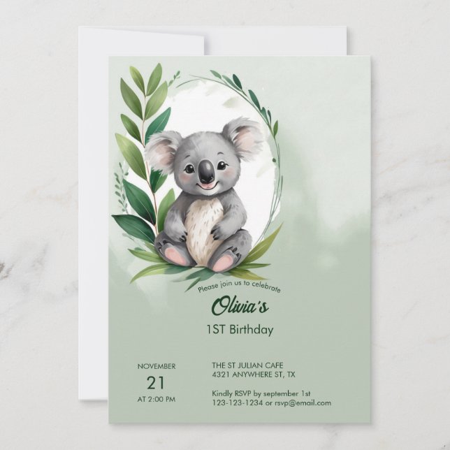 Invitación Cute Koala Bear Watercolor Verde Cumpleaños (Anverso)