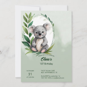 Invitación Cute Koala Bear Watercolor Verde Cumpleaños