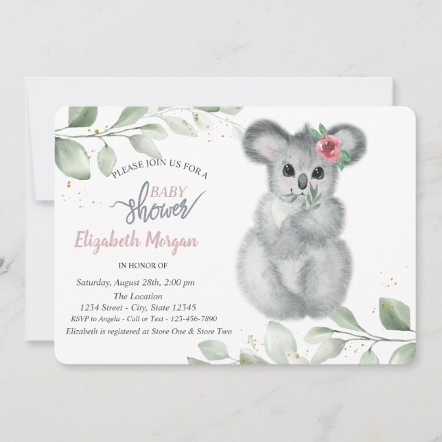 Invitación Cute Koala deja Baby Shower (Anverso)